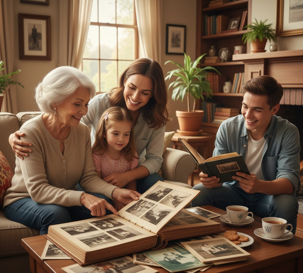 Family looking at old restored photos
